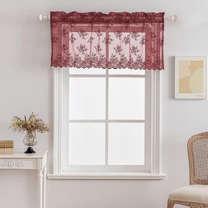 Kotile Burgundy Lace Valance for Windows Rustic Floral W52xL18 Inch 1 Panel - color: Burgundy