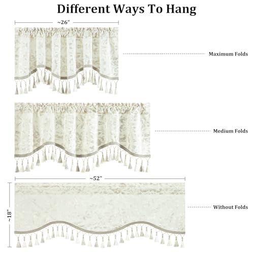 Leeva Scalloped Valance for Window, Floral Foil Print Curtain Topper for Bedroom Living Room, 52" x 18" Rod Pocket Valance, White - color: White
