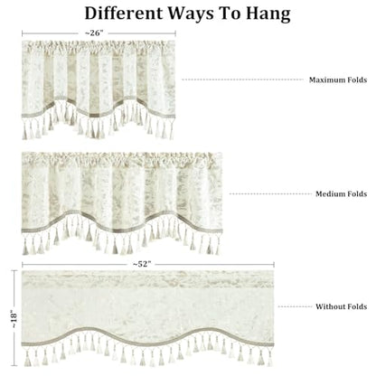 Leeva Scalloped Valance for Window, Floral Foil Print Curtain Topper for Bedroom Living Room, 52" x 18" Rod Pocket Valance, White - color: White