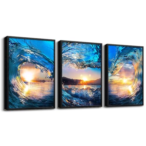 DZRWUBHS Black Framed Wall Art For Living Room Wall Decor For Office Blue Sea View Wall Pictures Sunshine Ocean Waves Wall Painting Bedroom Decor Prints Artwork Modern Dormitory Home Decor 3 Piece - color: Ocean Waves Paintings Black Framed, size: 16x24in