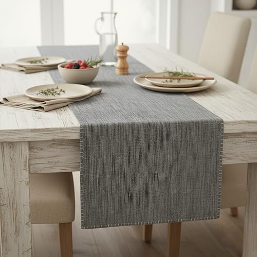 Cotton Table Runner 72 inches Long Decorative Stitched Edge Kitchen Table Runner Bedroom Dresser Scarf Dining Room Table Topper Washable Textured Fabric Runner Furniture Top Cover Grey - color: Grey, size: 14"x 72"