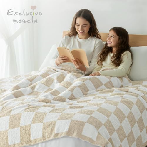 Exclusivo Mezcla Checkered Knit Blanket Twin Size for Bed, Khaki - color: Khaki, size: Twin (60"x80")