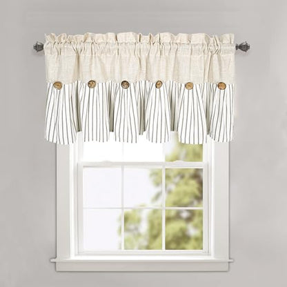 DOSLY Ides Farmhouse Rustic Linen and Grey Cotton Striped Pleated Valance Curtain with Coconut Buttons for Kitchen, Living Room, Bedroom, 52" W x 18" L - color: Linen & Grey Stripe, size: 52"W x 18"L (Pack of 1)