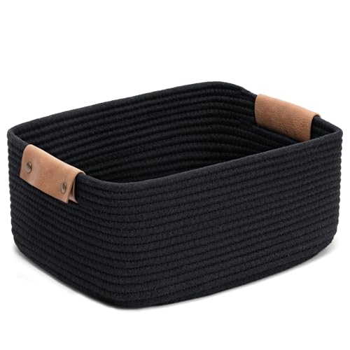 CHICVITA Large Woven Rope Gift Basket with Leather Handles, 20L, Black - color: Black, size: 14.5 x 13 x 6 Inch