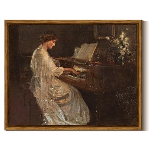 InSimSea Framed Canvas Wall Art Mid Century Lady Playing Piano Classical Painting Vintage Canvas Prints Wall Decor for Bedroom Bathroom Decor Retro Portrait Wall Art 8x10in - color: Piano Lady, size: 10"L x 8"W
