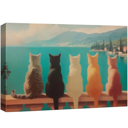 wall26 Canvas Print Wall Art Cats Overlooking Lake Como Whimsical Colorful Cat Digital Art Realism Rustic Scenic Nature Photography Colorful for Living Room, Bedroom, Office - 12"x18" - color: A25-2605-M11, size: 18"L x 12"W