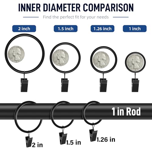 Lansian 44 Pack Curtain Rings with Clips Hooks 2 in Diameter Rustproof - color: Black, size: 2"Inner Dia, 44Pack