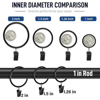 Lansian 44 Pack Curtain Rings with Clips Hooks 2 in Diameter Rustproof - color: Black, size: 2"Inner Dia, 44Pack
