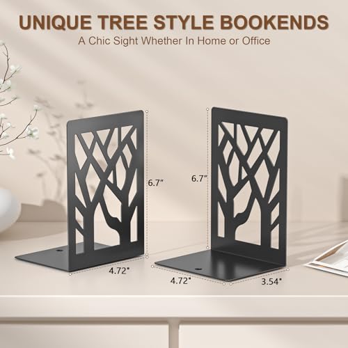 VFINE 8-Piece Metal Bookends for Shelves, Black Tree Book Ends for Books, Decorative Desk Book Organizer, Non-Skid Shelve Bookends for Home Office Shcool Supplies - style: Black bookend 4 pairs