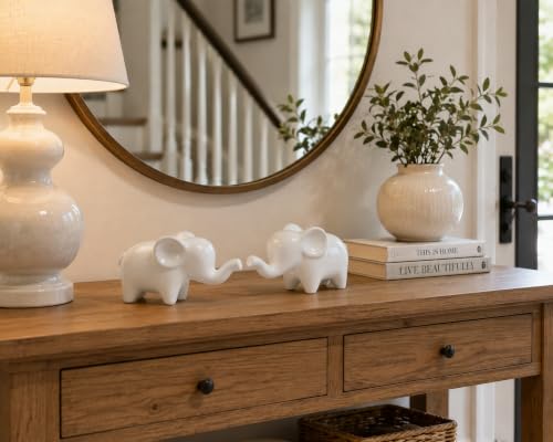 4 Inch White Ceramic Elephant Figurines Set of 2 - color: White