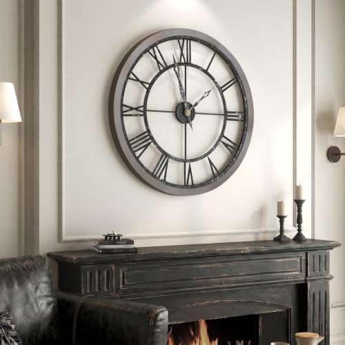 Cuspin 30 Inch Large Wall Clock Rustic Industrial Wood Frame Roman Numeral - color: Wood Industrial Roman, size: 30 Inch