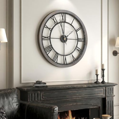 Cuspin 30 Inch Large Wall Clock Rustic Industrial Wood Frame Roman Numeral - color: Wood Industrial Roman, size: 30 Inch