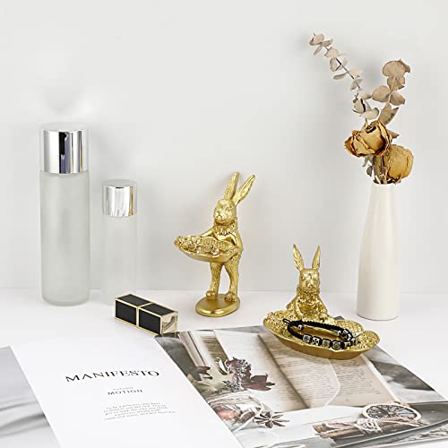 ELLDOO Small Golden Bunny Figurine Jewelry Ring Tray Decorative Serving Rabbit Statue Ornament Animal Sculpture Home Arts Desktop Accessories Table Decor, Standing Bunny - style: Standing Rabbit