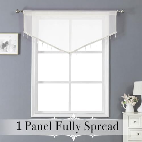 WUBODTI Ivory Sheer Beaded Valance Curtains Living Room Kitchen Windows - color: Ivory