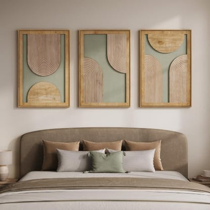 Framed 3D Wood Boho Abstract Textured Wall Decor Living Room, 24x36 Inch - color: Neutral Grey Green