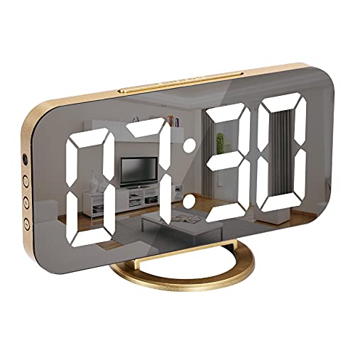SZELAM Digital Alarm Clock,LED and Mirror Desk Clock Large Display,with Dual USB Charger Ports,3 Levels Brightness,12/24H,Modern Electronic Clock for Bedroom Home Living Room Office - Gold - color: Gold
