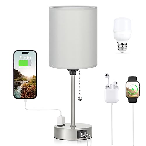 Small Bedside Table Lamp for Bedroom - Desk Lamp with USB Ports for Dorm - color: Grey-Silver, size: 14.6 in