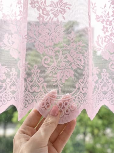 Molaxhome Kitchen Curtains Valance Pink Lace Floral Semi Sheer Curtain - color: Pink, size: 51"W x 16"L (Pack of 1)