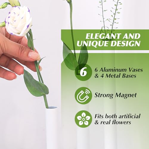 Magnetic Bud Vases Set of 6, White Aluminum Small Flower Vases with Stainless Steel Magnetic Bases, Minimalist Single Stem Vase Centerpieces for Wedding Dining Table Home Farmhouse Boho Decor