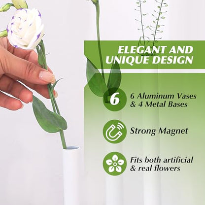 Magnetic Bud Vases Set of 6, White Aluminum Small Flower Vases with Stainless Steel Magnetic Bases, Minimalist Single Stem Vase Centerpieces for Wedding Dining Table Home Farmhouse Boho Decor