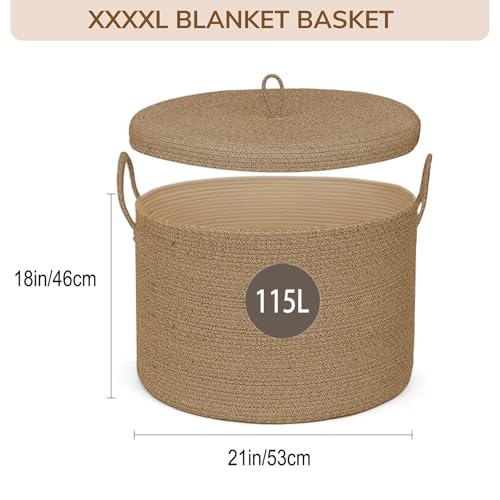 XXXXL Extra Large blanket basket with lid 21"x21"x18" blanket storage for living room,Large woven storage basket round laundry basket rope basket 115L (Jute) - color: Jute