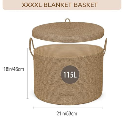 XXXXL Extra Large blanket basket with lid 21"x21"x18" blanket storage for living room,Large woven storage basket round laundry basket rope basket 115L (Jute) - color: Jute