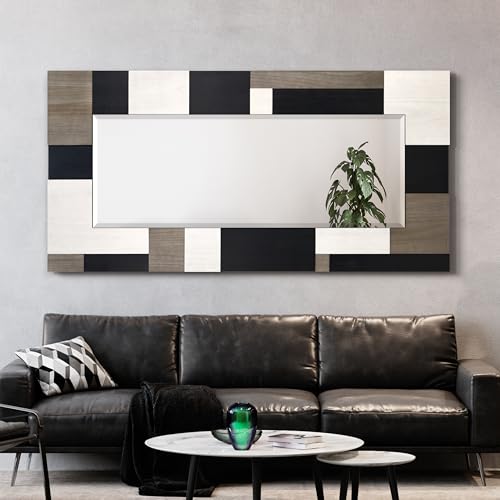 Empire Art Direct Geometric Blocks Hand Made Solid Paulownia Wood Beveled Leaner Mirror, Ready to Hang, Living Room, Bedroom & Office, 78.8"x39.4"x1.6" - style: Geometric Blocks