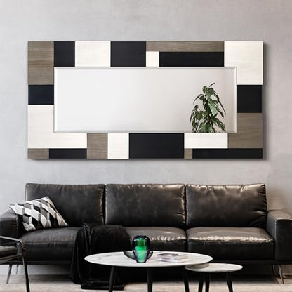 Empire Art Direct Geometric Blocks Hand Made Solid Paulownia Wood Beveled Leaner Mirror, Ready to Hang, Living Room, Bedroom & Office, 78.8"x39.4"x1.6" - style: Geometric Blocks