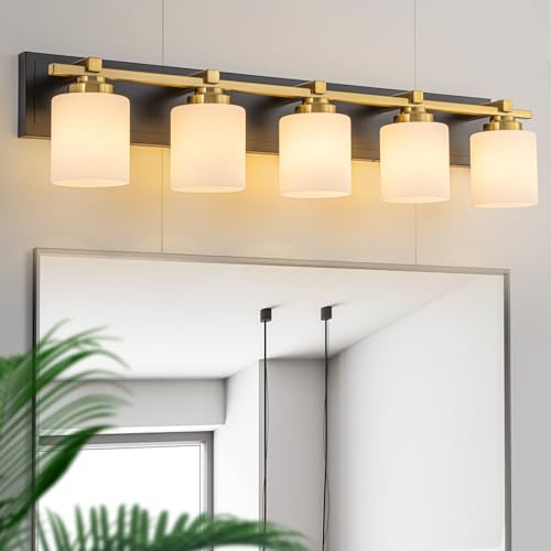 Modern Bathroom Light Fixtures Over Mirror, Vanity Lights for Bathroom Wall Sconces with Milky White Glass Shades, E26 Socket (Bulbs Not Included), 5 Light, Black Gold - color: Black Gold, size: 34.64 inch-5-Light