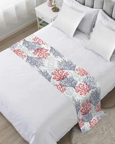 DecorLovee Red Navy Blue Coral Coastal Bed Runners for Queen Size Bed, Beach Bed Throws for Foot of Bed, Nautical Bed Runner - color: Red Navy Blue Coral, size: 83"x20" for Queen Bed
