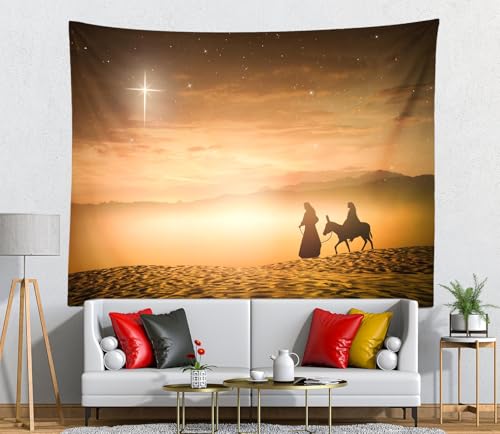 Loccor Nativity Scene Tapestry Christmas Eve Mary and Joseph with a Donkey Desert Bethlehem Star Starry Sky Wall Hanging Xmas Christianity Church Home Living Room Decor 140''x98'' - size: 98.00" x 140.00"