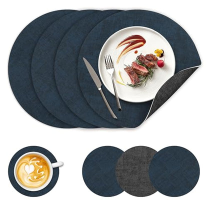 NCUE 13" Faux Leather Round Placemats Set of 4, Reversible Dual-Color - color: Deep Gray Navy Blue