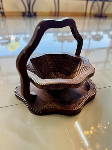 Handmade 14″ Collapsible Wooden Basket, Single Bowl Flower Design in Himalayan Rosewood, Fruit Basket, Bread Bowl & Trivet, Folds Flat for Easy Storage – Unique Centerpiece & Gift