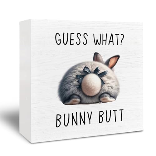 Guess What Bunny Butt Wooden Sign, Bunny Decor for Home, Bunny Nursery Decor, Farmhouse Rabbit Decor, Funny Bow Bunny Wooden Box Sign Decorations for Home Shelf Desk Table Dorm 5x5 Inch - color: Butt