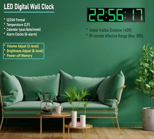 26'' Huge Digital Wall Clock, Home Gym Interval Workout Timers, with Countdown, Stopwatch, 7-Color Light, 8-Alarms, Calendar/Temperature Display, for HIIT/Tabata/FGB/EMOM (Green)