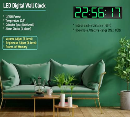 26'' Huge Digital Wall Clock, Home Gym Interval Workout Timers, with Countdown, Stopwatch, 7-Color Light, 8-Alarms, Calendar/Temperature Display, for HIIT/Tabata/FGB/EMOM (Green)