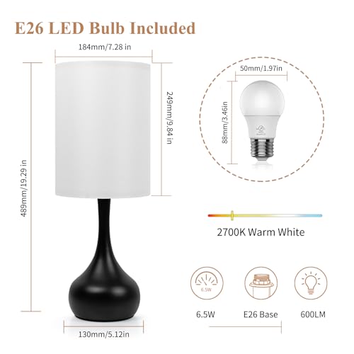 ONEWISH Touch Bedside Lamp for Bedroom, 3-Way Dimmable Table Lamps for Nightstand, White Fabric Shade Desk Lamp for Kids Reading, Living Room, Home Office - color: White Linen Drum Shade & Black Base