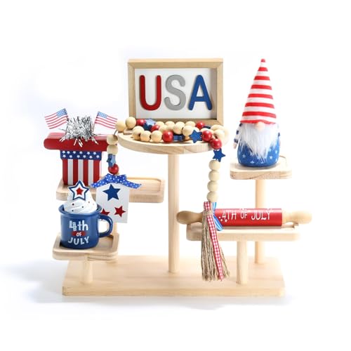 4th of July Decorations 6 Pcs Red White and Blue Tiered Tray Decor Set - color: 4th of July