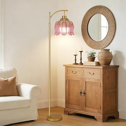 QIYIZM Pink Floor Lamp for Living Room,Bedroom,Gold Dimmable Standing Lamp with Remote,Mid Century Modern Brass Tall Lamp Boho Floor Lamps Arc Stained Glass Flower Floor Light Lamp Girls kids Bohemian - size: Floor Lamp--11