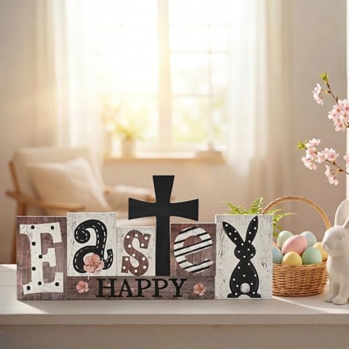 Smile 7Pcs Easter Decor Indoor Wooden Sign, Bunny Eggs Farmhouse Style Shelf Accents for Spring Holiday Home Decoration - style: Rustic Easter