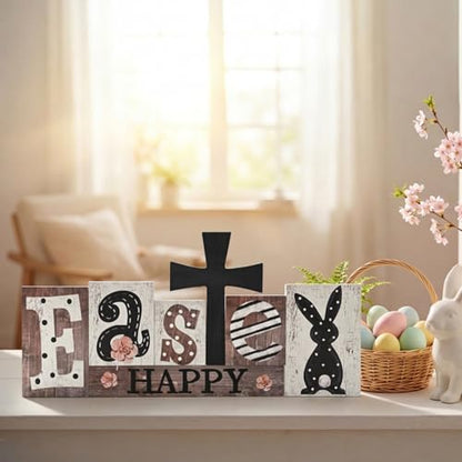 Smile 7Pcs Easter Decor Indoor Wooden Sign, Bunny Eggs Farmhouse Style Shelf Accents for Spring Holiday Home Decoration - style: Rustic Easter