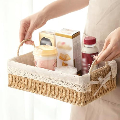 GIB Small Wicker Woven Storage Baskets for Organizing with Handle and Liner - color: Beige-Rectangluar