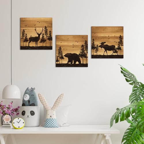 Apicoture Bear Elk Moose Wall Pictures Forest Landscape Hunting Theme Woodland Animal Painting Framed Canvas Artwork Farmhouse Wall Decor 12"x12"x3 Panels