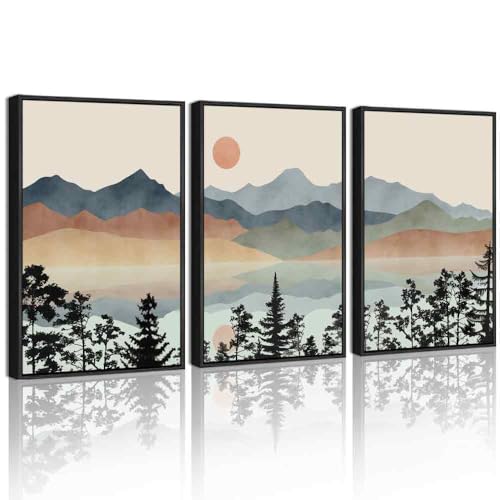 Drsoum Mountain Range Landscape Wall Art Framed Ink Wash Watercolor Nature Wall Decor Laker Sun Rises Prints Bedroom Living Room Ready to Hang 16x24in Black Framed - color: Laker and Mountain, size: 24L" x 16W", Black Framed