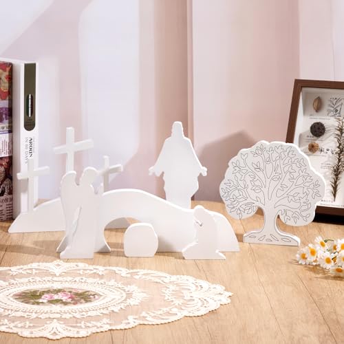 APUDW 7 Pcs Easter Scene and Cross Decoration White Wooden Empty Tomb Resurrection Scene Tabletop Display Christian Religious Jesus Nativity Set for Easter Holy Week Home Office Church Tray Shelf