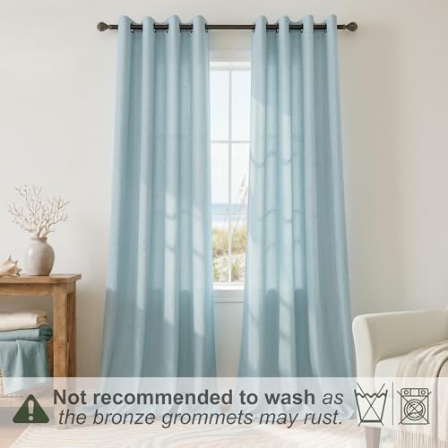 KOUFALL Seafoam Aqua Linen Curtains 96 Inches Long,Grommet Sheer Linen Curtain for Living Room,52x96 Inch Length 2 Panels - color: Sea Green, size: 52"W x 96"L (Pack of 2)