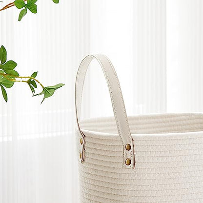 VIPOSCO 58L Tall Woven Rope Laundry Hamper, Leather Handles, White - color: White, size: 58L