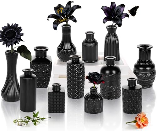 Black Glass Bud Vase Set of 12 Pcs,Small Bud Vases in Bulk,Glass Crystal Flower Vases Table Centerpieces for Party Event Wedding Decor Baby Shower Decorations (Classic Black, 12 Pcs) - color: Classic Black, size: 12 Pcs