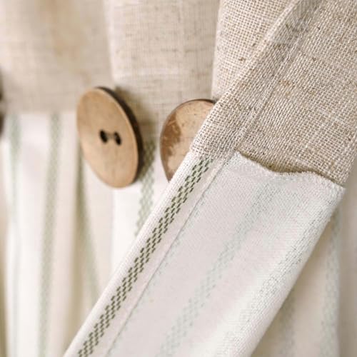 DOSLY IDÉES Farmhouse Linen and Cotton Green Striped Button Valance, Striped Pleated Design with Coconut Buttons, Multi-Room Window Treatment for Kitchen Living Room Bedroom, 52" W x 18" L - color: Linen & Green Stripe, size: 52"W x 18"L (Pack of 1)