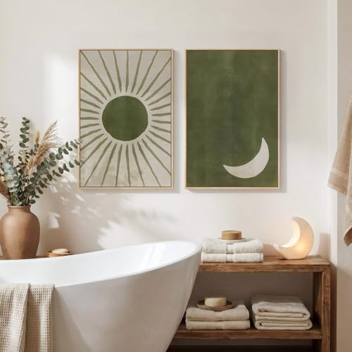 Framed Green Boho Abstract Mid Century Modern Wall Art Bedroom, 16x24 Inch - color: Green Beige, size: 16" W x 24" H x 2Pcs
